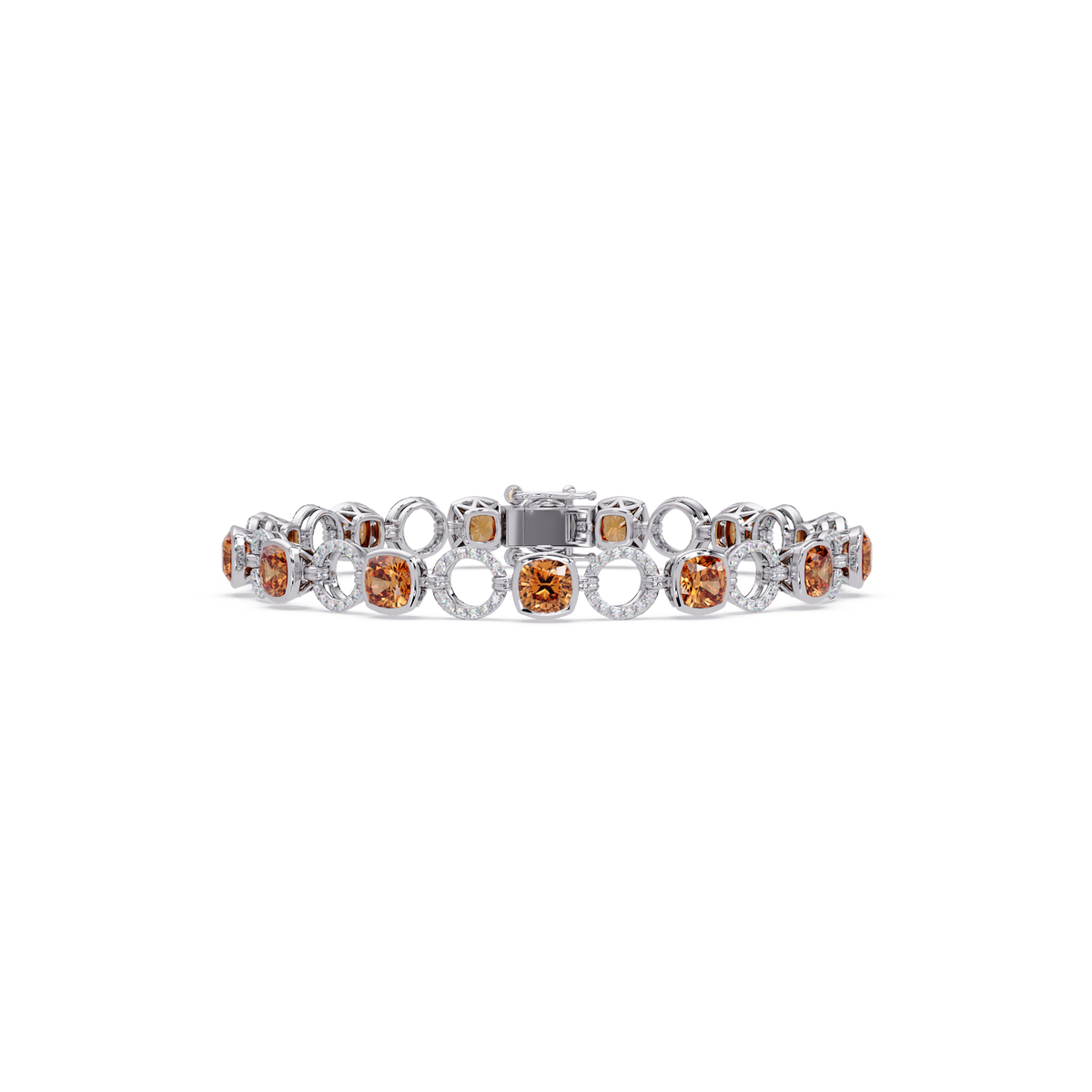 Cushion champagne topaz colorstone and pavé circle link bracelet in white gold
