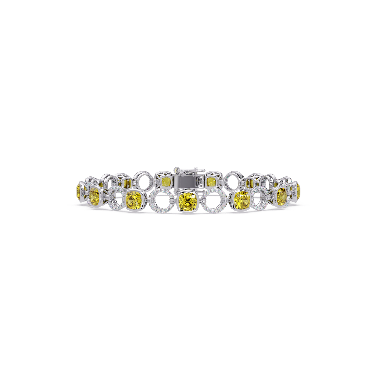 Cushion citrine yellow colorstone and pavé circle link bracelet in white gold