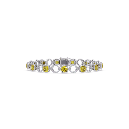 Cushion citrine yellow colorstone and pavé circle link bracelet in white gold