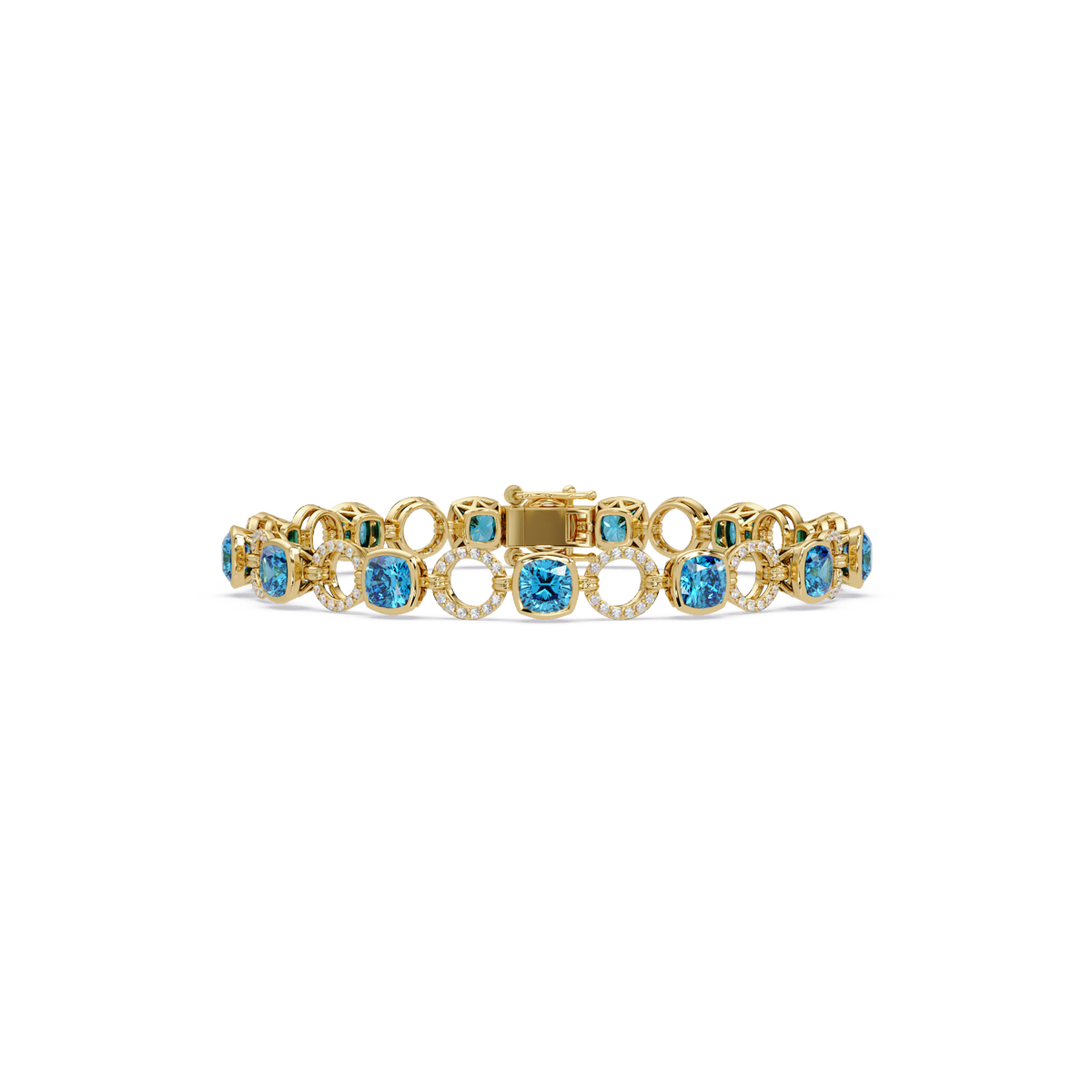 Cushion aquamarine blue colorstone and pavé circle link bracelet in yellow gold