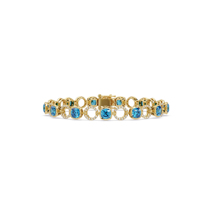 Cushion aquamarine blue colorstone and pavé circle link bracelet in yellow gold