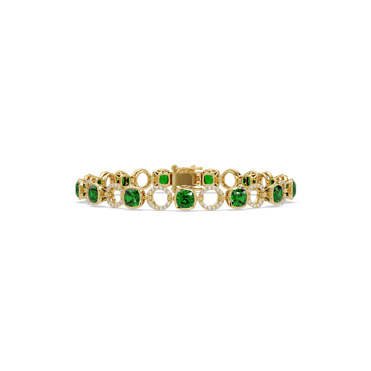Cushion emerald green colorstone and pavé circle link bracelet in yellow gold