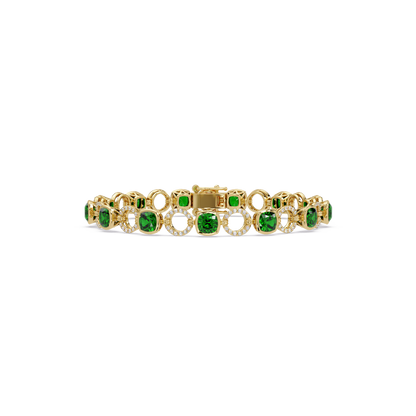 Cushion emerald green colorstone and pavé circle link bracelet in yellow gold