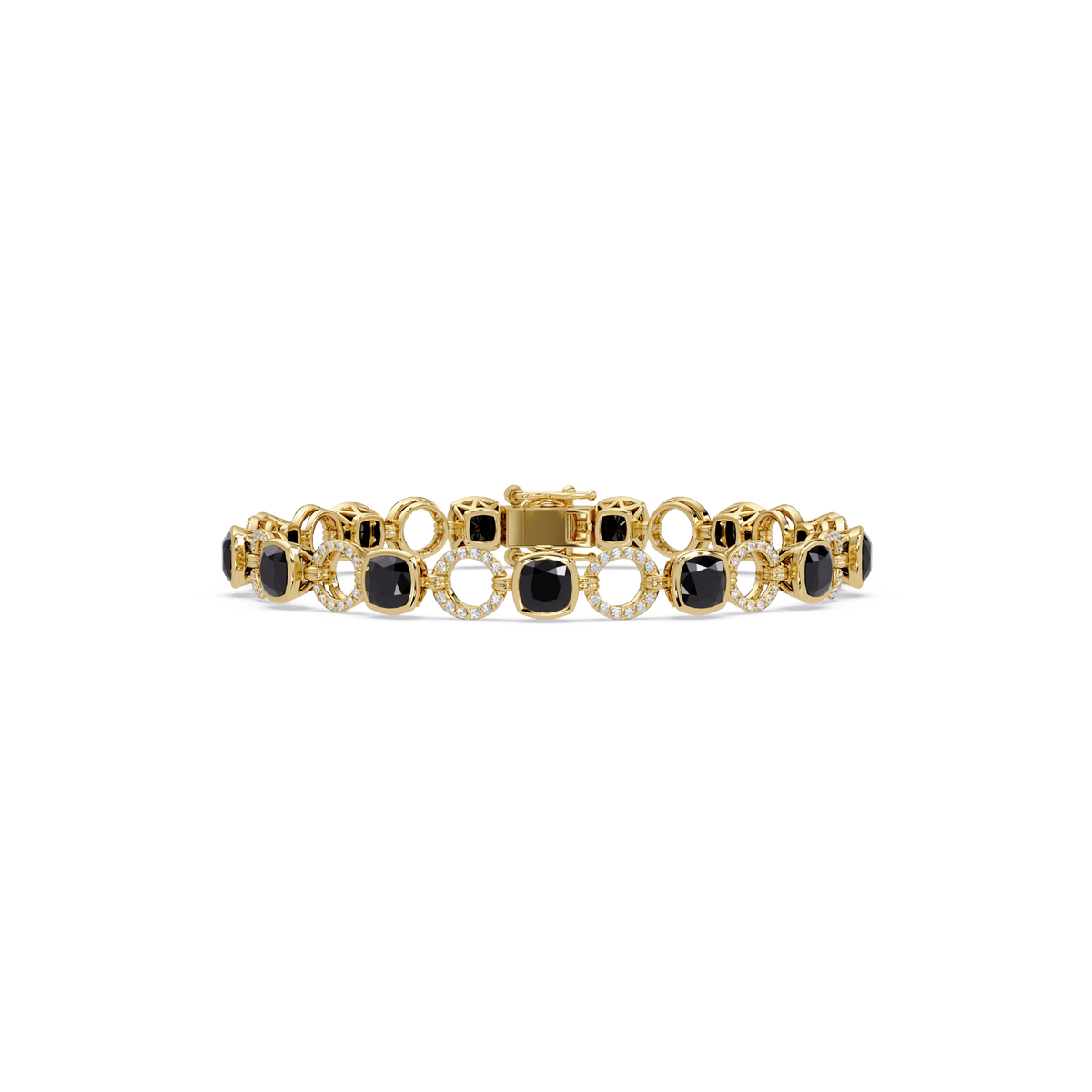 Cushion onyx colorstone and pavé circle link bracelet in yellow gold