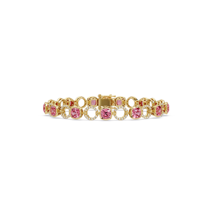 Cushion tourmaline pink colorstone and pavé circle link bracelet in yellow gold