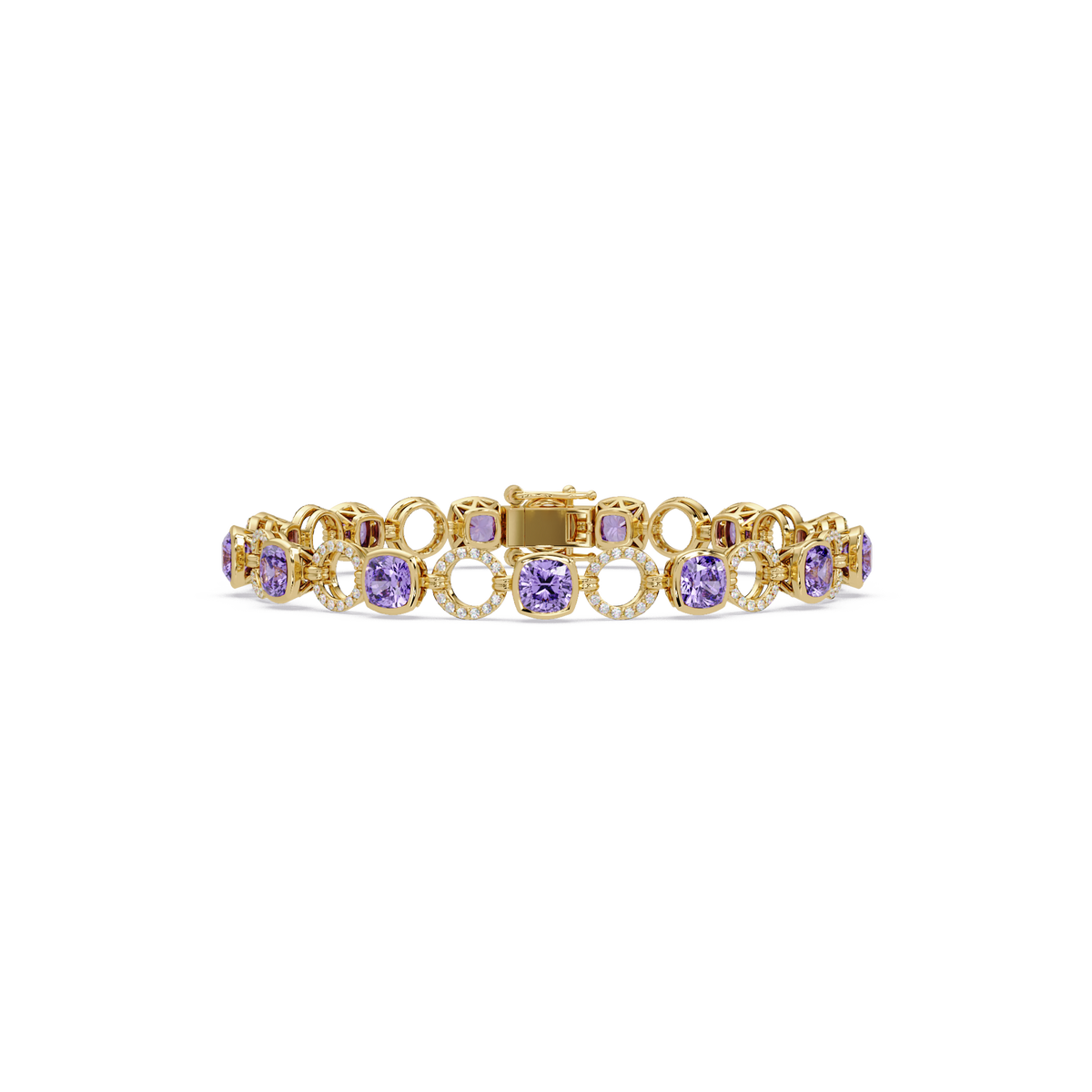 Cushion amethyst purple colorstone and pavé circle link bracelet in yellow gold