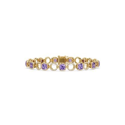 Cushion amethyst purple colorstone and pavé circle link bracelet in yellow gold