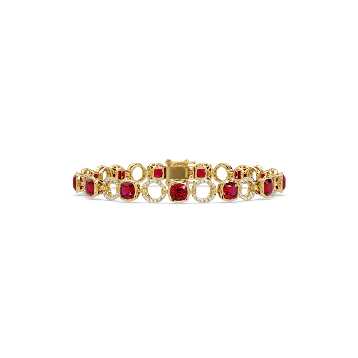 Cushion ruby red colorstone and pavé circle link bracelet in yellow gold