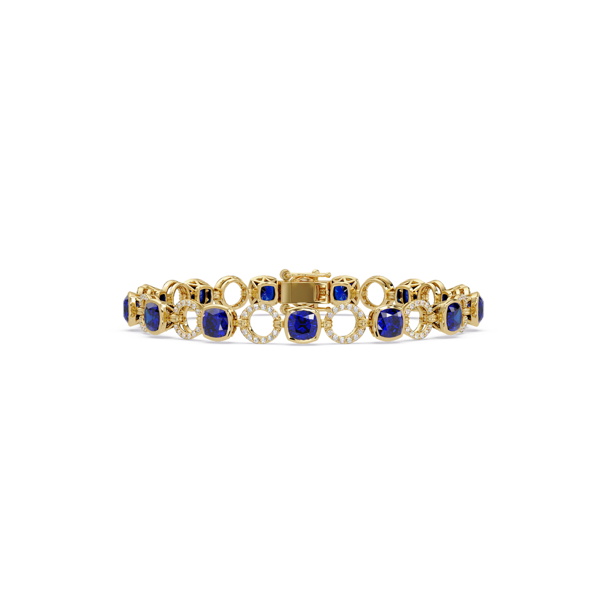 Cushion sapphire blue colorstone and pavé circle link bracelet in yellow gold