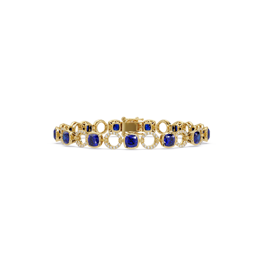 Cushion sapphire blue colorstone and pavé circle link bracelet in yellow gold