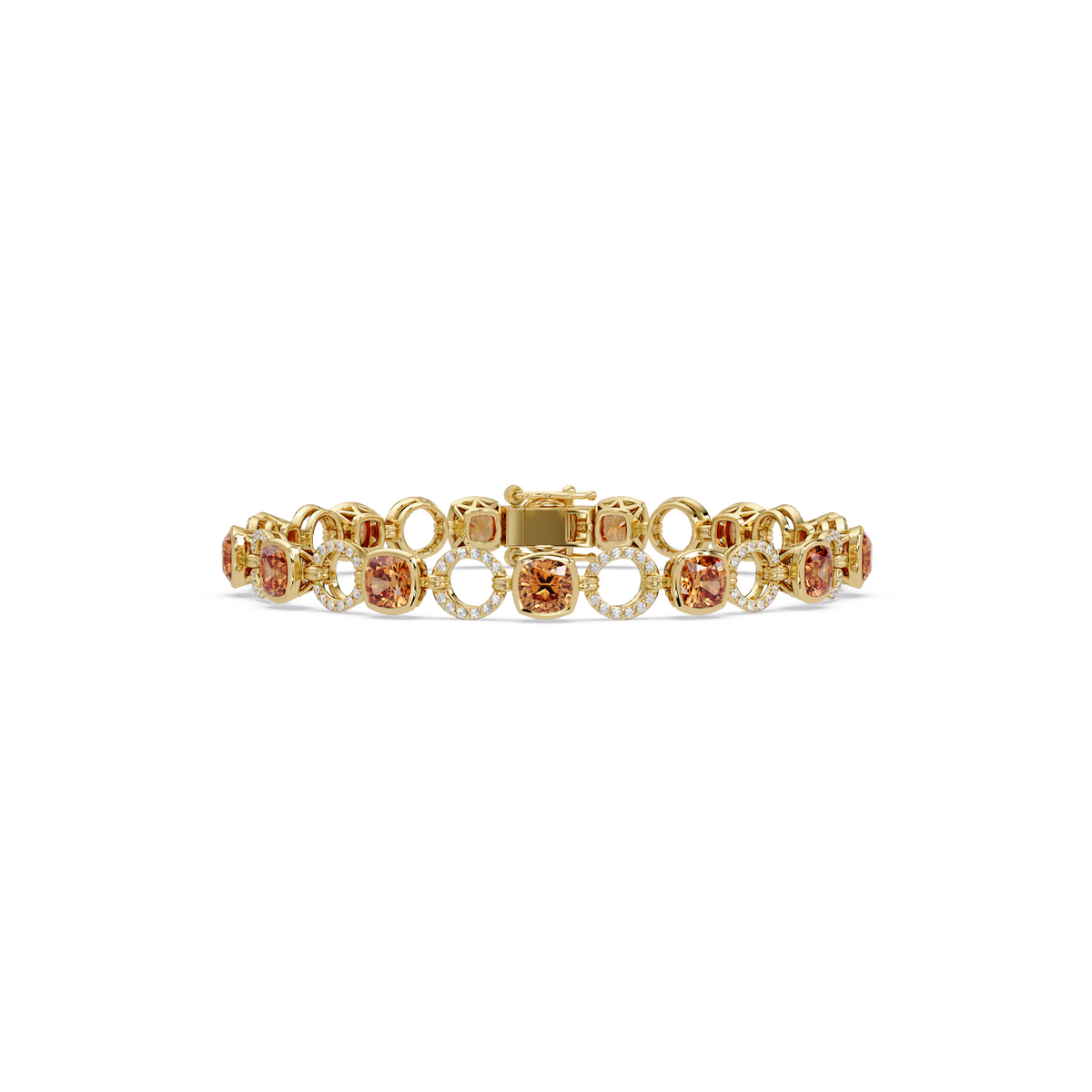 Cushion champagne topaz colorstone and pavé circle link bracelet in yellow gold