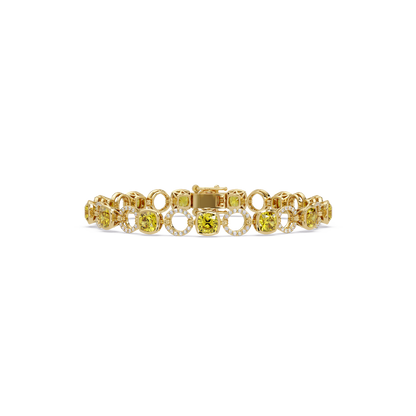 Cushion citrine yellow colorstone and pavé circle link bracelet in yellow gold