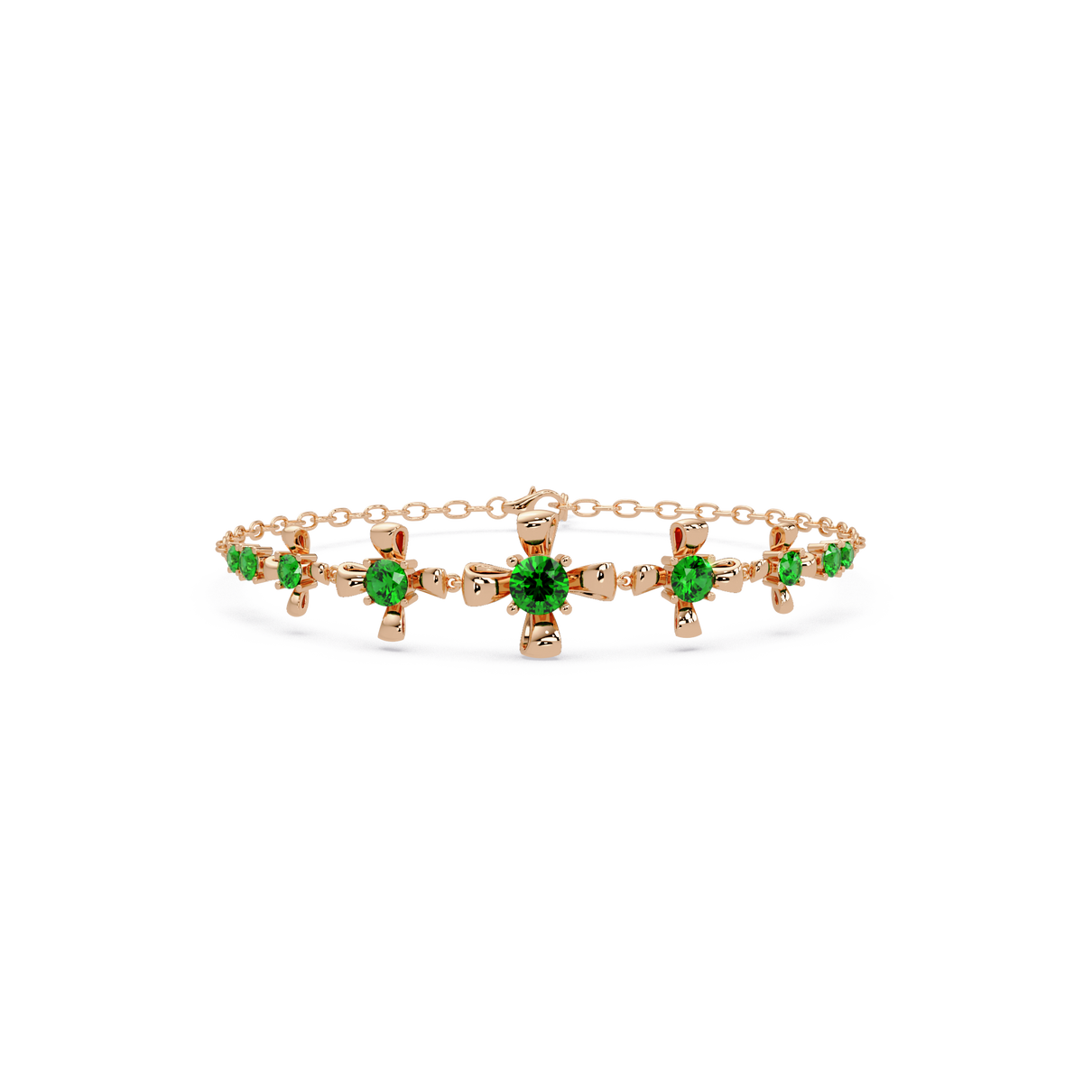 Nine-stone round colorstone chain bracelet, emerald green gemstones in rose gold
