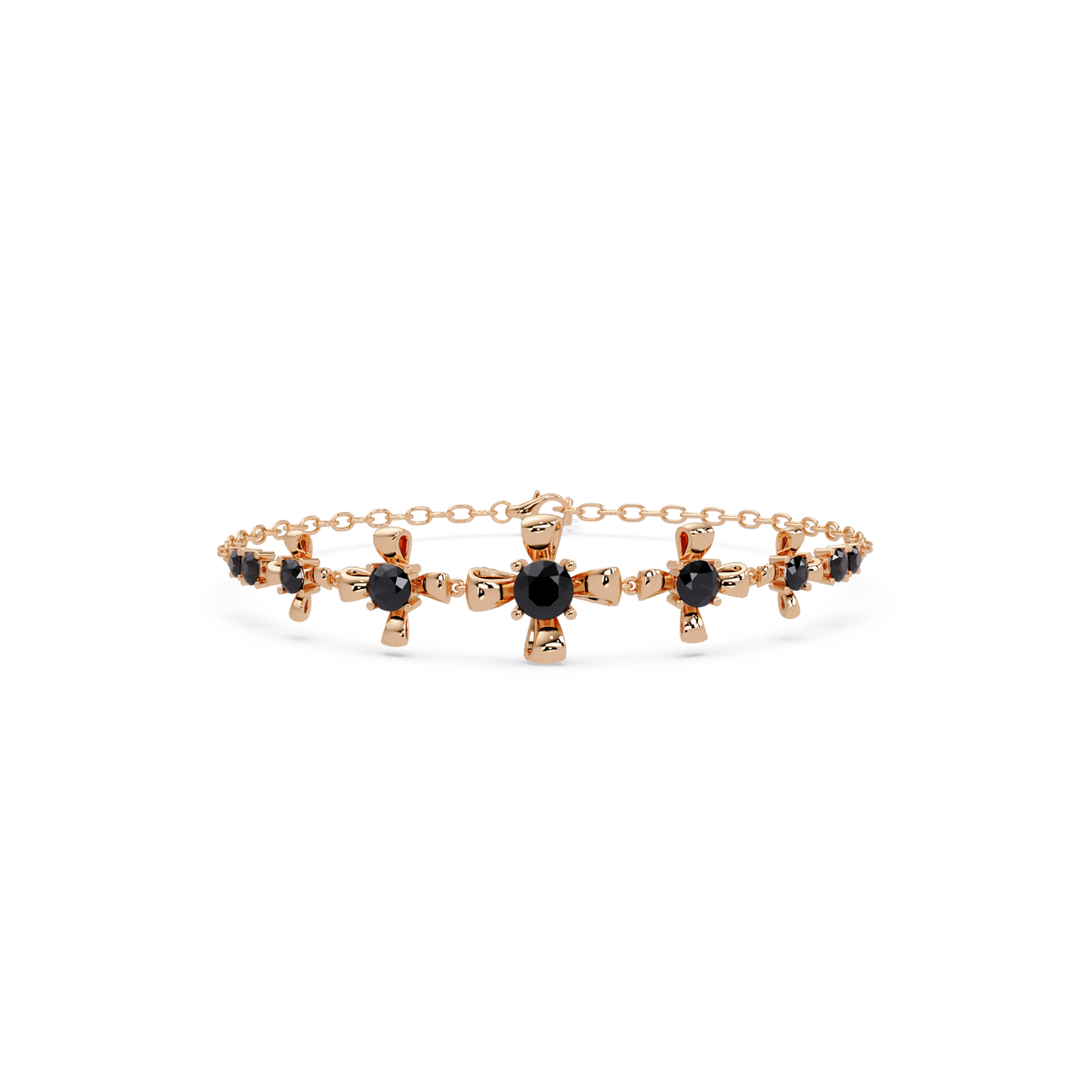 Nine-stone round colorstone chain bracelet, onyx gemstones in rose gold