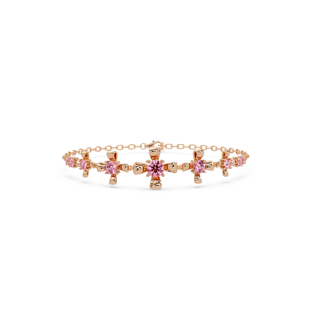 Nine-stone round colorstone chain bracelet, tourmaline pink gemstones in rose gold