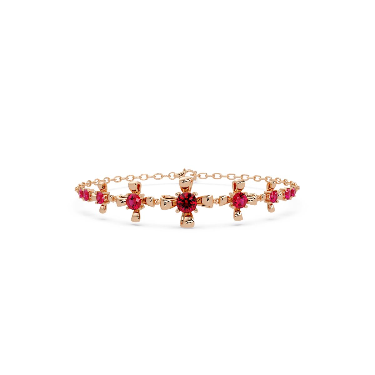 Nine-stone round colorstone chain bracelet, ruby red gemstones in rose gold