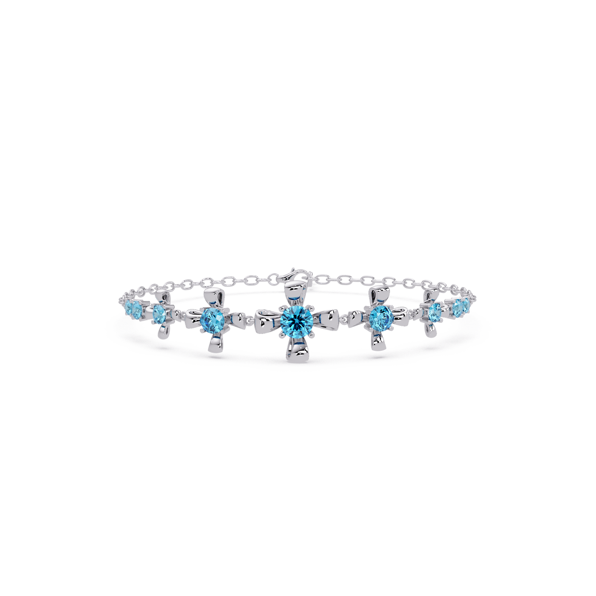 Nine-stone round colorstone chain bracelet, aquamarine blue gemstones in white gold