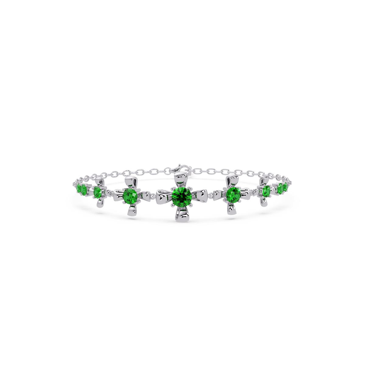 Nine-stone round colorstone chain bracelet, emerald green gemstones in white gold