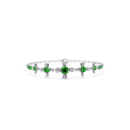 Nine-stone round colorstone chain bracelet, emerald green gemstones in white gold