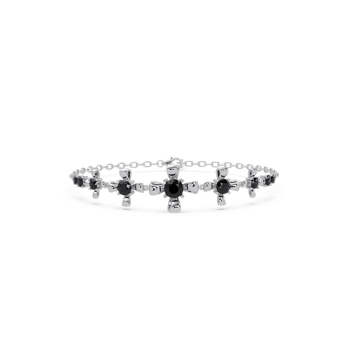 Nine-stone round colorstone chain bracelet, onyx gemstones in white gold