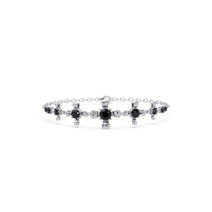 Nine-stone round colorstone chain bracelet, onyx gemstones in white gold
