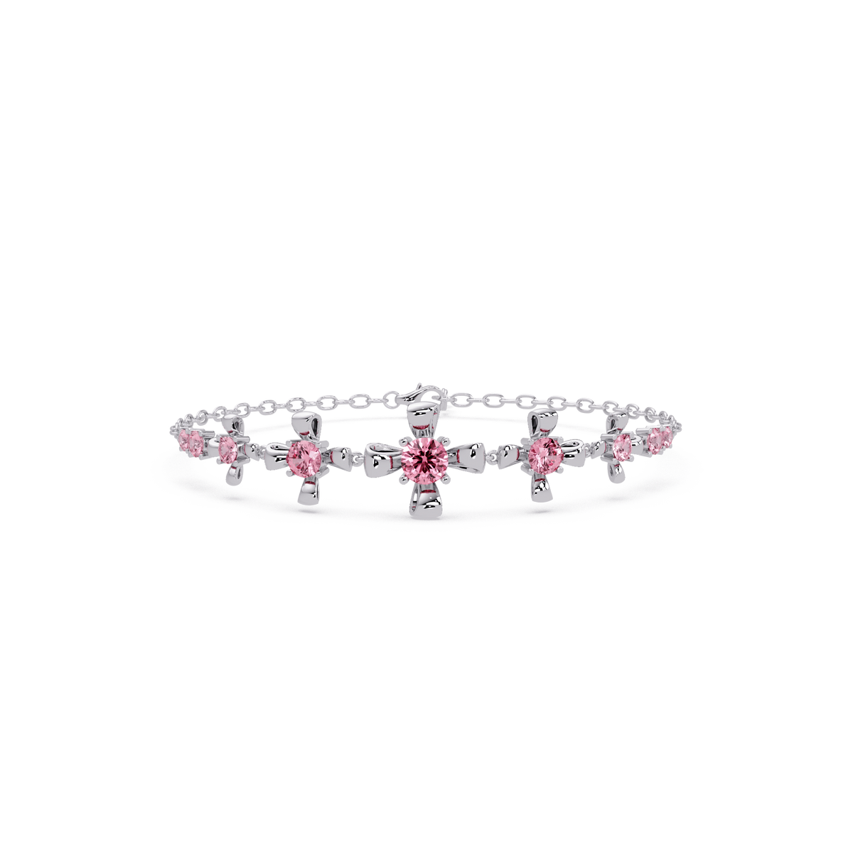 Nine-stone round colorstone chain bracelet, tourmaline pink gemstones in white gold