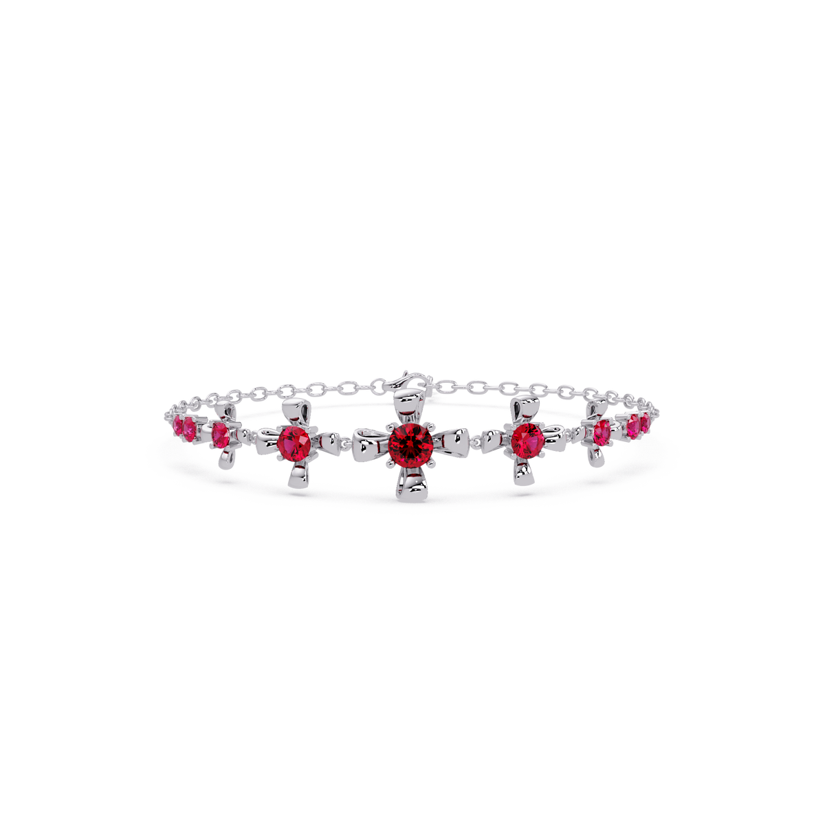 Nine-stone round colorstone chain bracelet, ruby red gemstones in white gold