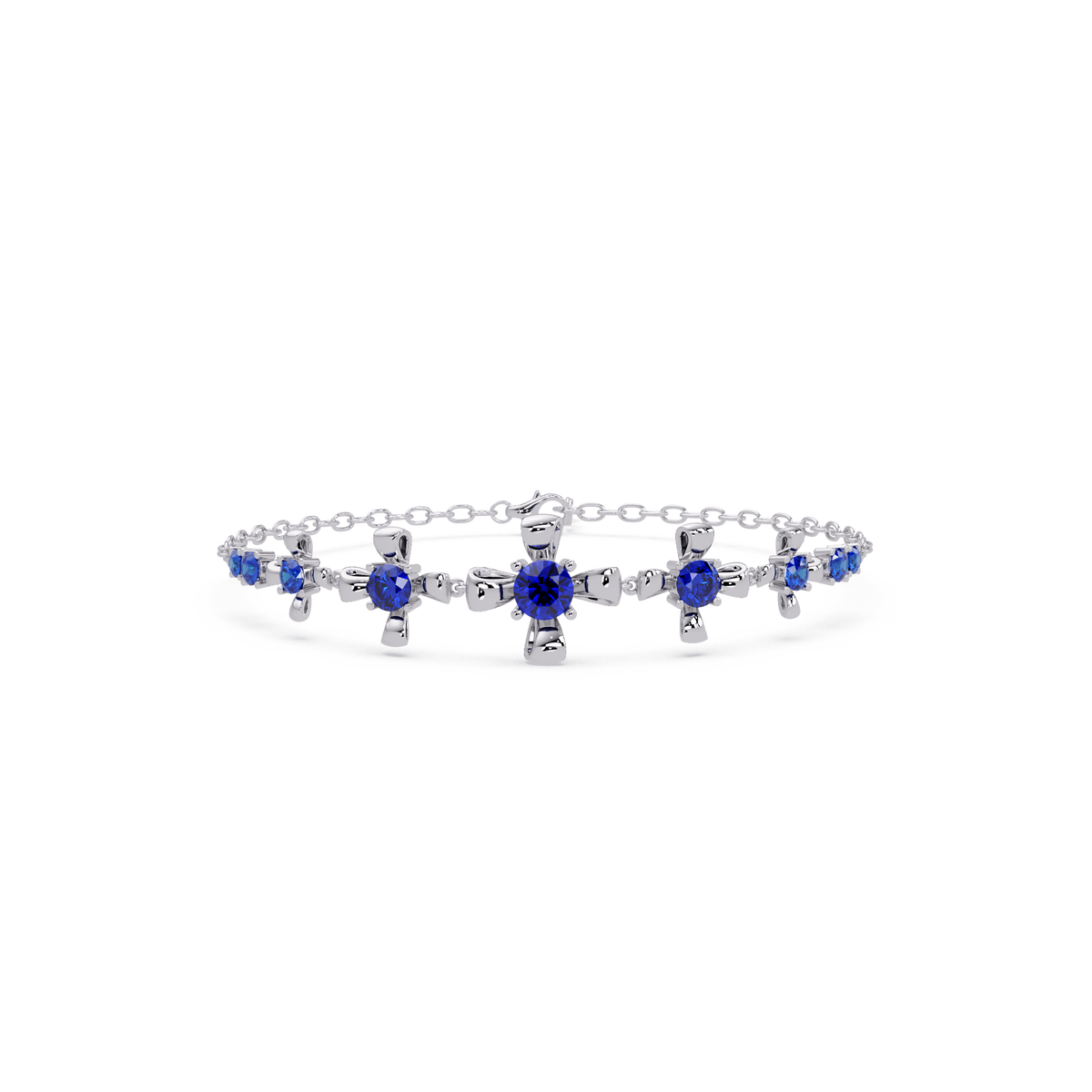 Nine-stone round colorstone chain bracelet, sapphire blue gemstones in white gold