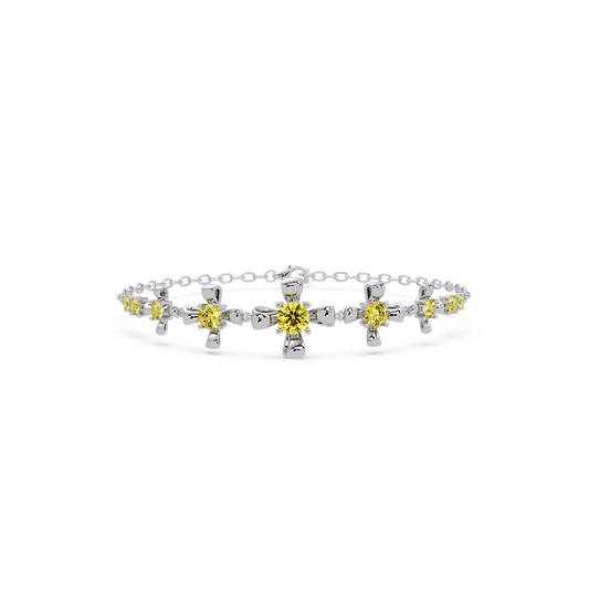 Nine-stone round colorstone chain bracelet, citrine yellow gemstones in white gold