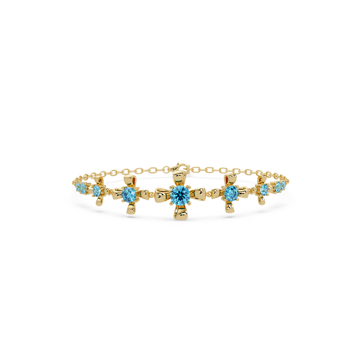 Nine-stone round colorstone chain bracelet, aquamarine blue gemstones in yellow gold