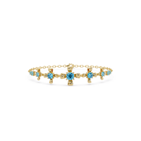 Nine-stone round colorstone chain bracelet, aquamarine blue gemstones in yellow gold