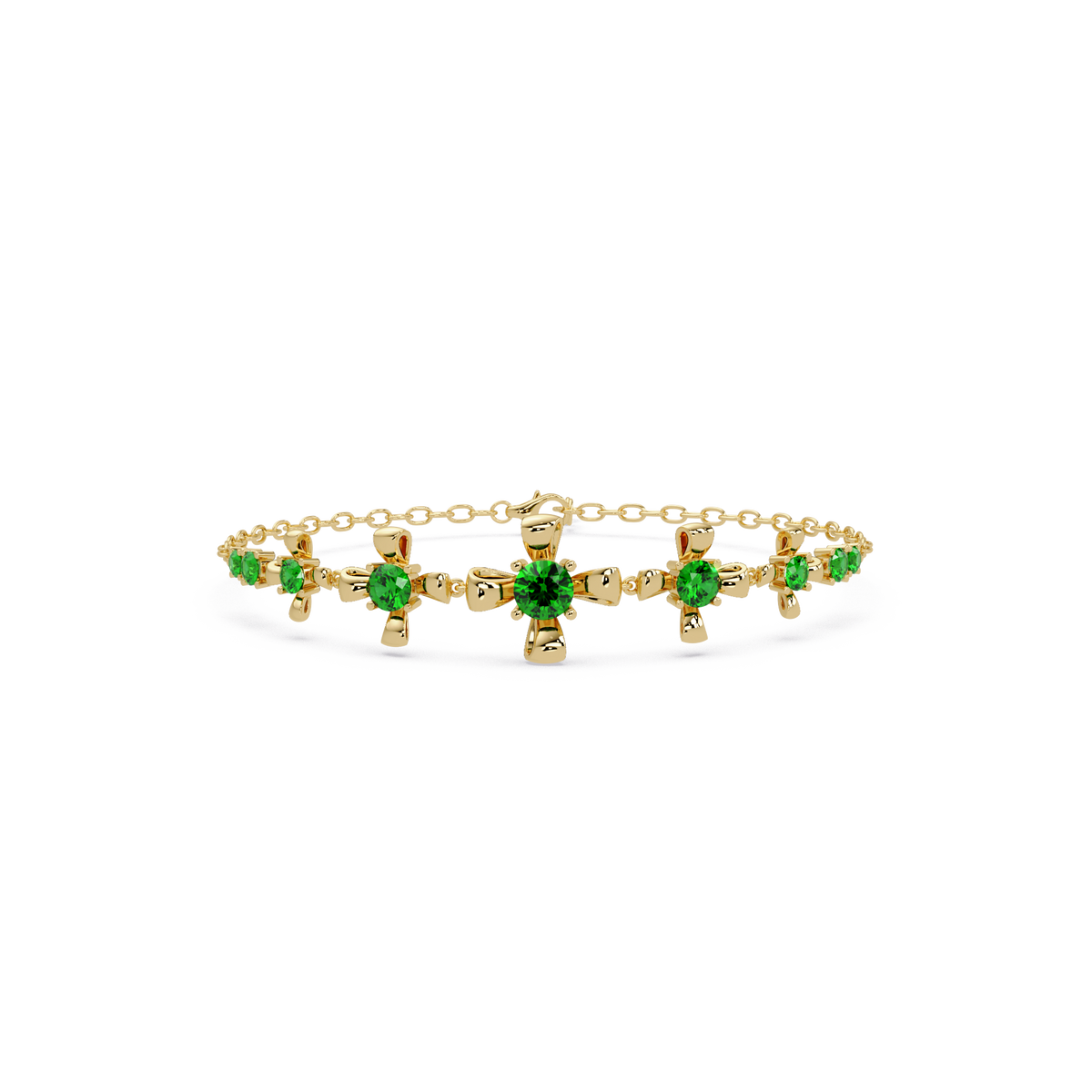 Nine-stone round colorstone chain bracelet, emerald green gemstones in yellow gold