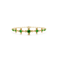 Nine-stone round colorstone chain bracelet, emerald green gemstones in yellow gold