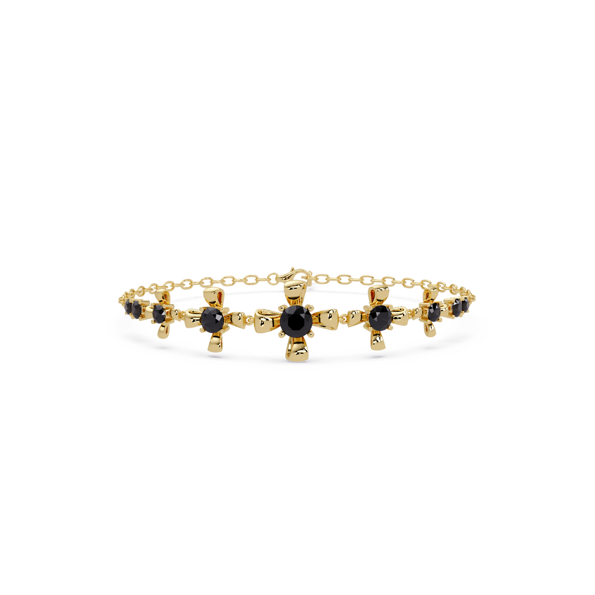 Nine-stone round colorstone chain bracelet, onyx gemstones in yellow gold