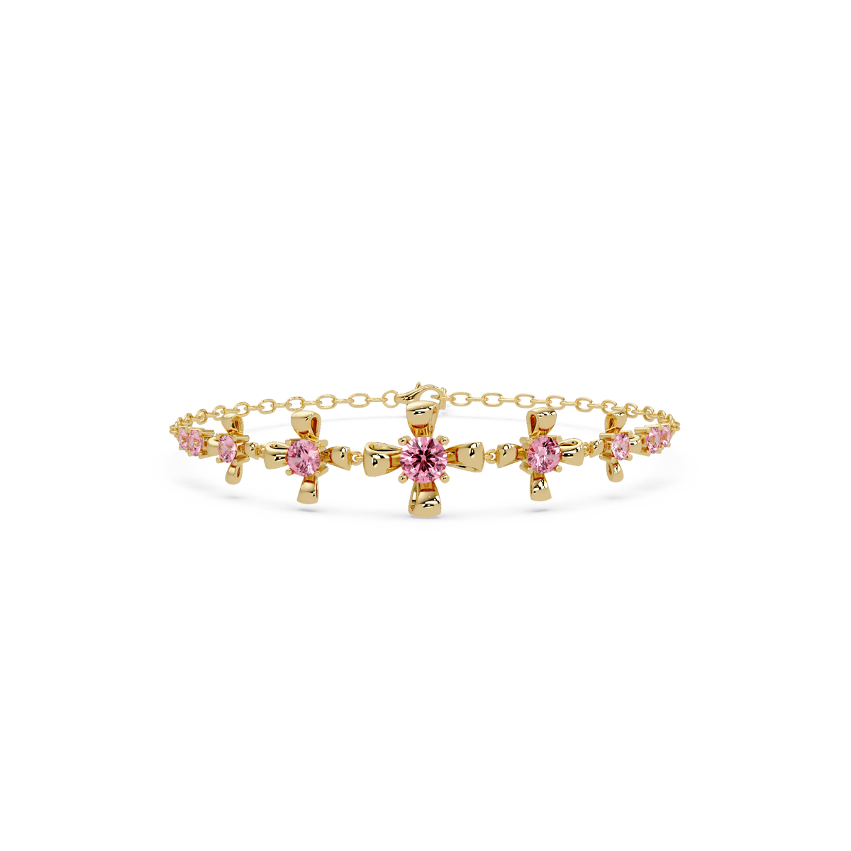 Nine-stone round colorstone chain bracelet, tourmaline pink gemstones in yellow gold