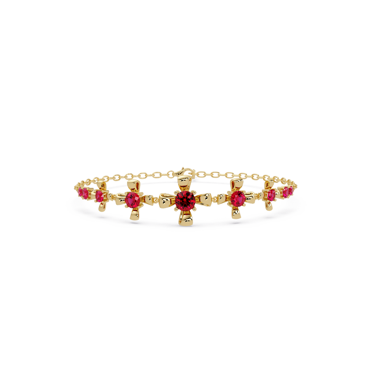 Nine-stone round colorstone chain bracelet, ruby red gemstones in yellow gold