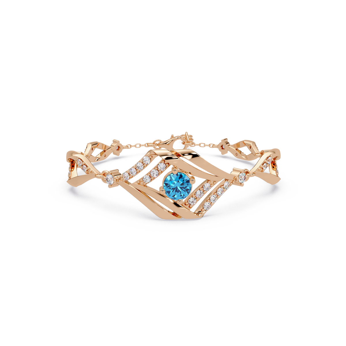 Geometric diamond-accent colorstone bracelet in rose gold with aquamarine blue center gemstone