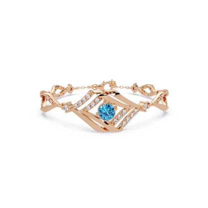 Geometric diamond-accent colorstone bracelet in rose gold with aquamarine blue center gemstone
