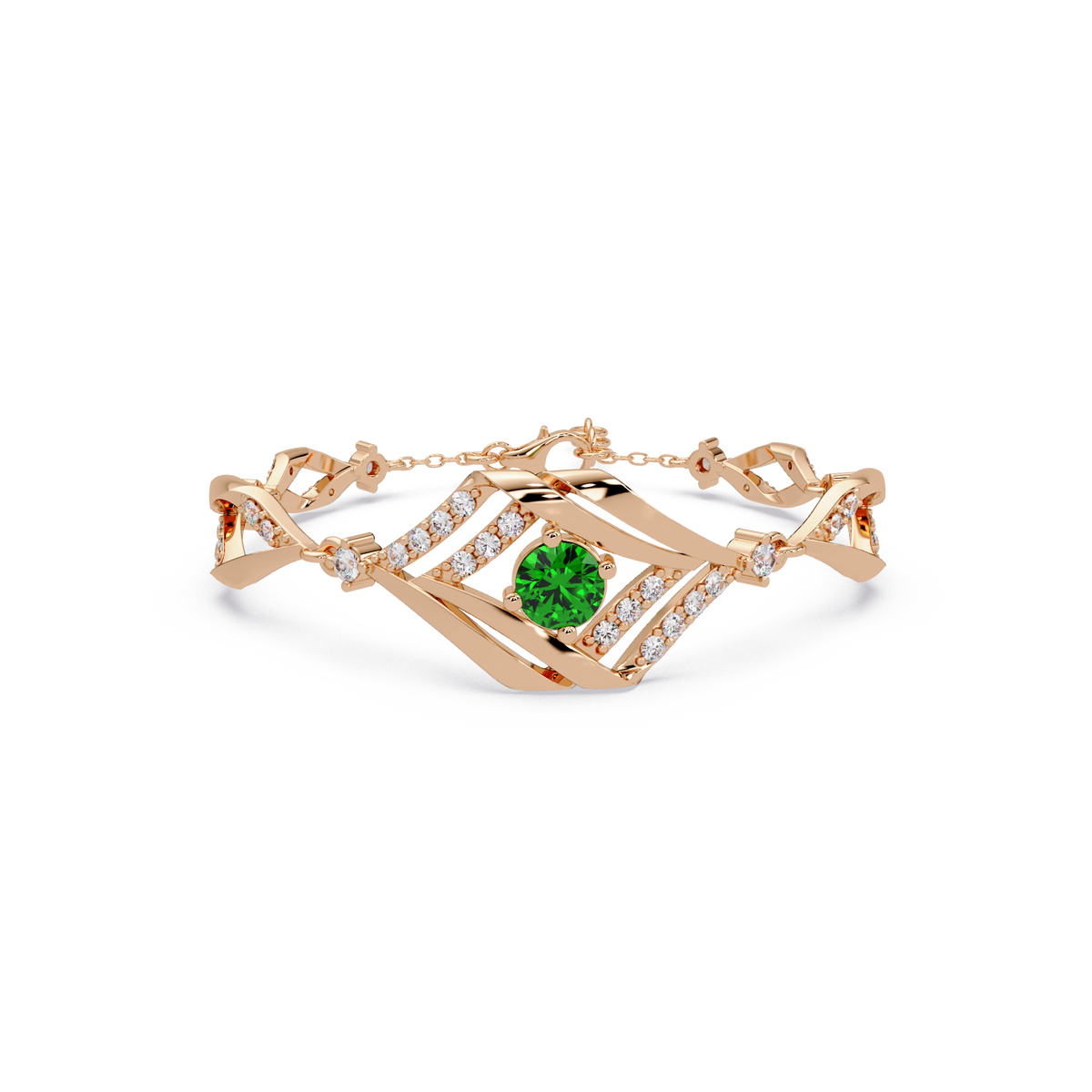 Geometric diamond-accent colorstone bracelet in rose gold with emerald green center gemstone