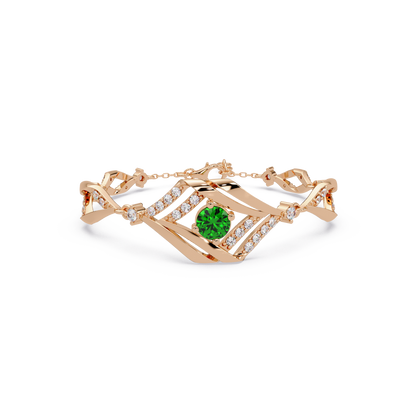 Geometric diamond-accent colorstone bracelet in rose gold with emerald green center gemstone