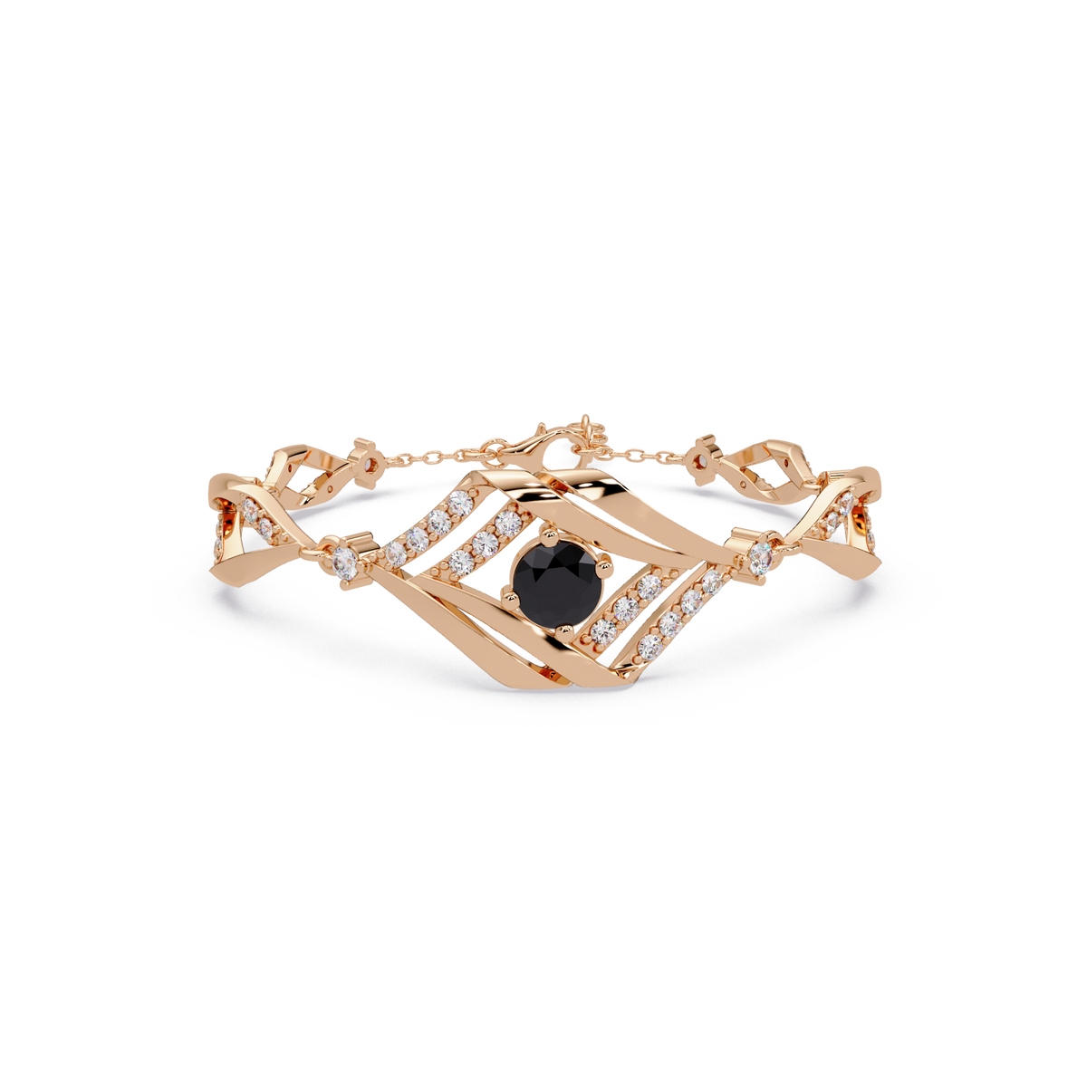 Geometric diamond-accent colorstone bracelet in rose gold with onyx center gemstone