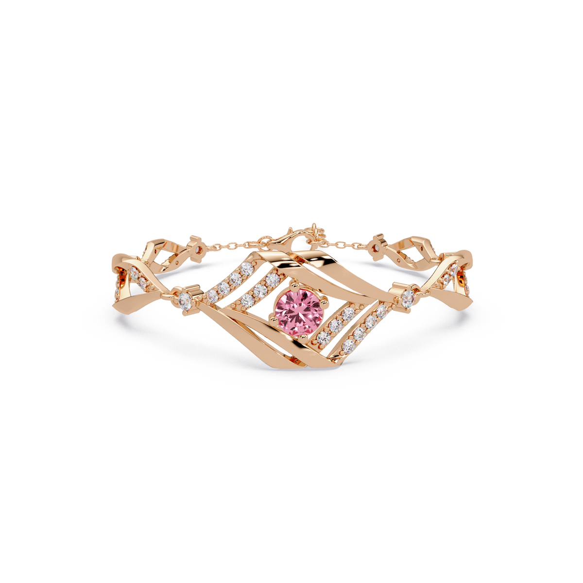 Geometric diamond-accent colorstone bracelet in rose gold with tourmaline pink center gemstone