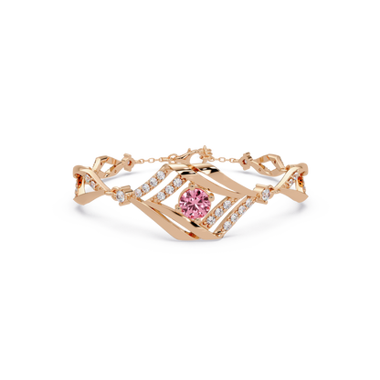 Geometric diamond-accent colorstone bracelet in rose gold with tourmaline pink center gemstone