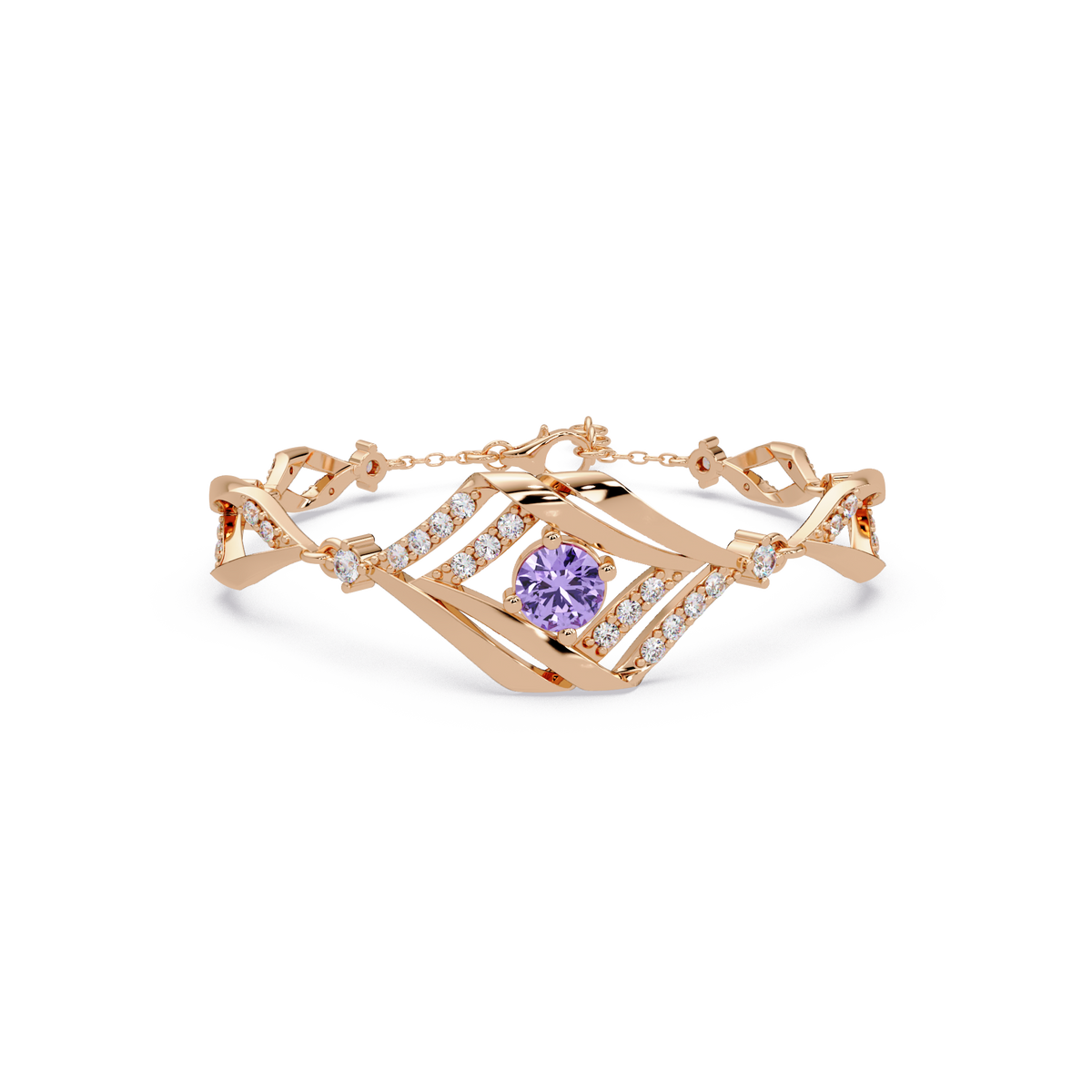Geometric diamond-accent colorstone bracelet in rose gold with amethyst purple center gemstone