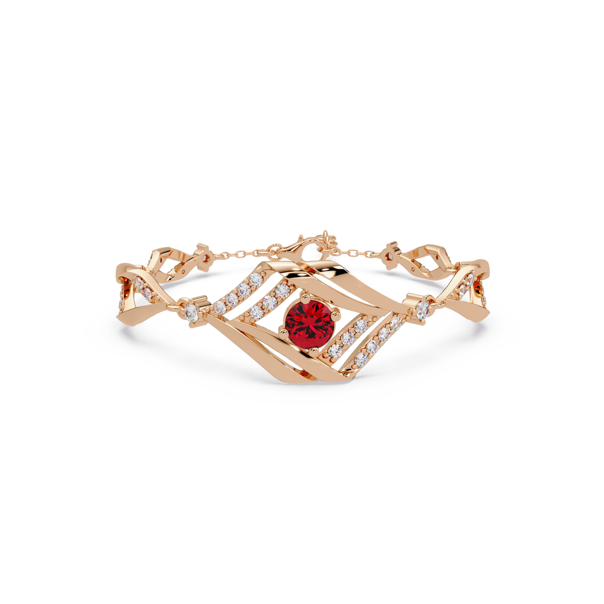 Geometric diamond-accent colorstone bracelet in rose gold with ruby red center gemstone