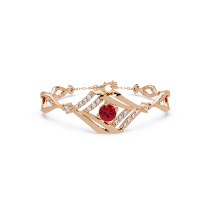 Geometric diamond-accent colorstone bracelet in rose gold with ruby red center gemstone