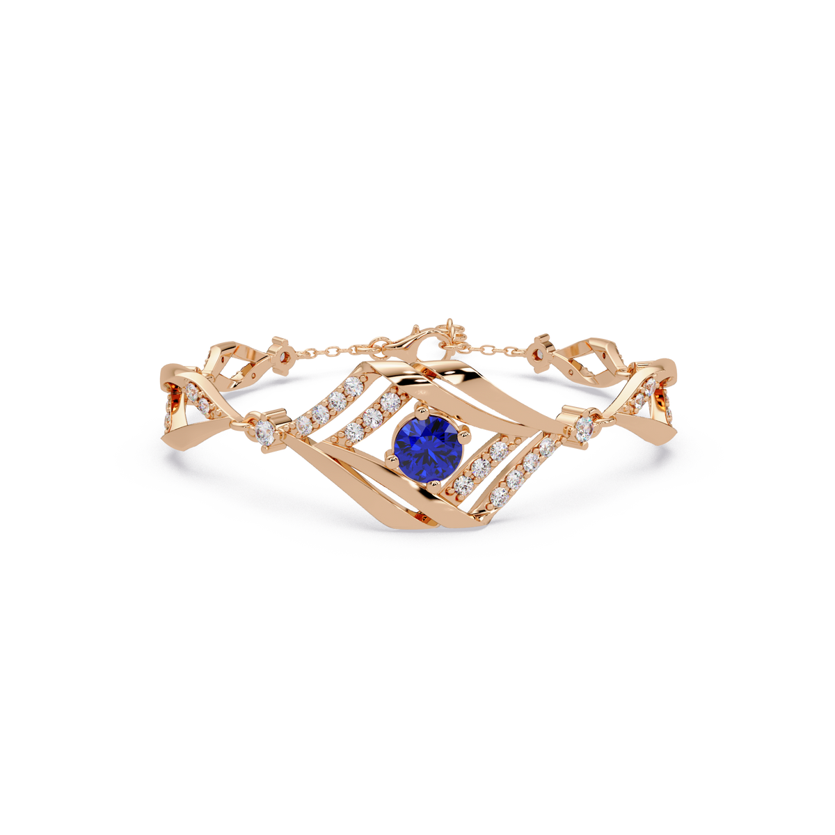 Geometric diamond-accent colorstone bracelet in rose gold with sapphire blue center gemstone