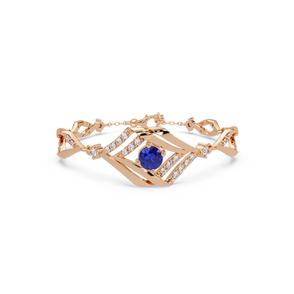 Geometric diamond-accent colorstone bracelet in rose gold with sapphire blue center gemstone
