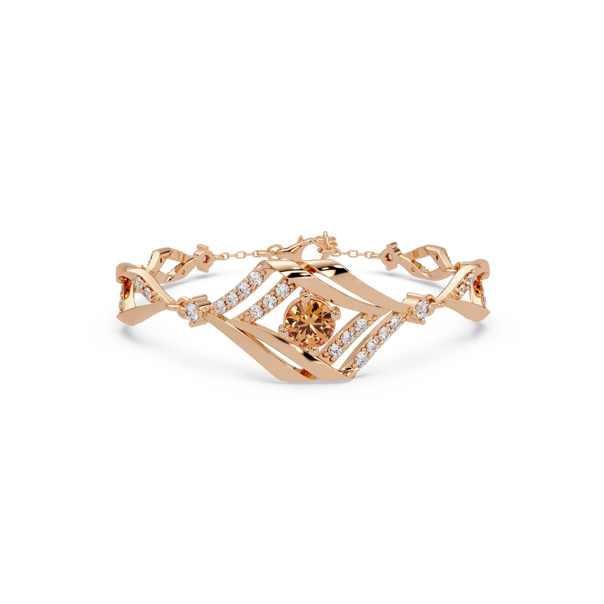 Geometric diamond-accent colorstone bracelet in rose gold with champagne topaz center gemstone