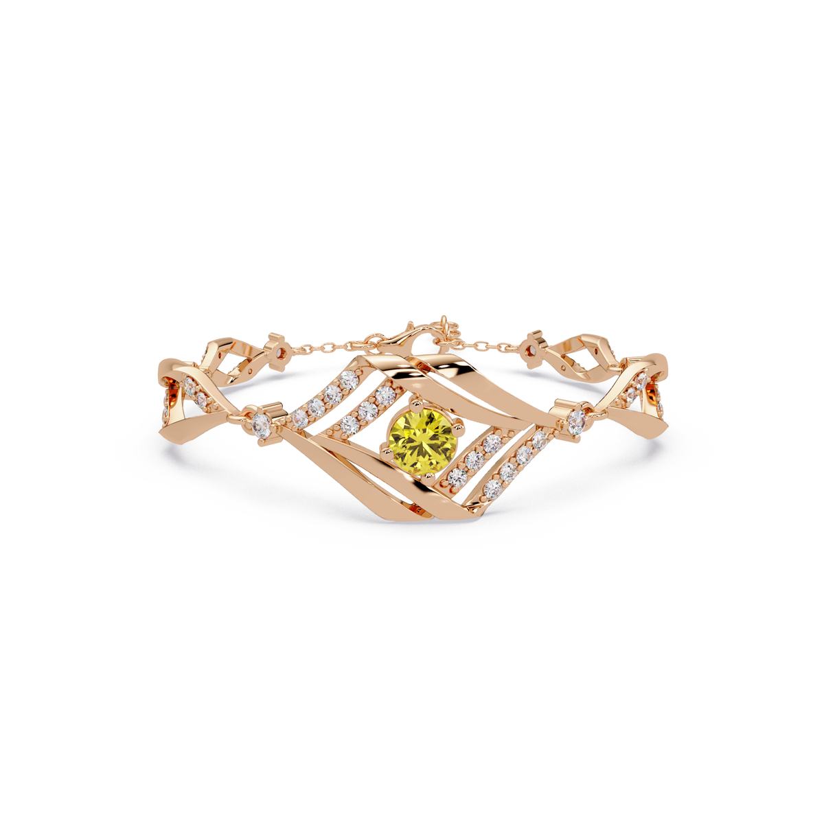 Geometric diamond-accent colorstone bracelet in rose gold with citrine yellow center gemstone